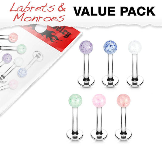 6 Pcs Value Pack of Assorted Glitter Acrylic Ball 316L Surgical Steel Labret & Monroe - Take A Peek