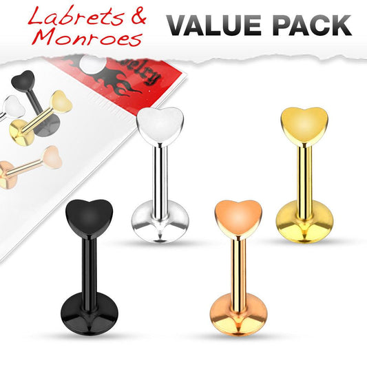 Value Pack 4 Pcs Internally Threaded 316L Surgical Steel Labret/Monroe with Heart Top - Take A Peek