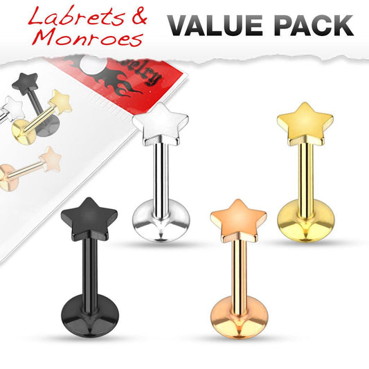 Value Pack 4 Pcs Internally Threaded 316L Surgical Steel Labret/Monroe with Star Top - Take A Peek