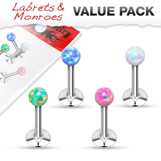 Value Pack 4 Pcs Internally Threaded 316L Surgical Steel Labret/Monroe with Opal Ball Top - Take A Peek