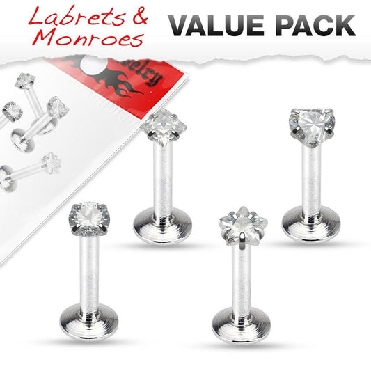 Value Pack 4 Pcs Internally Threaded 316L Surgical Steel Labret/Monroe with Prong Set CZ Top - Take A Peek