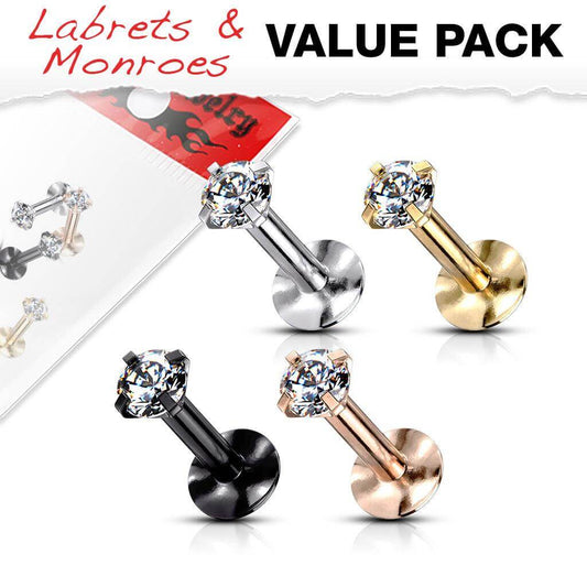 4 Pcs Value Pack Internally Threaded Round Prong Top Gem Labret Monroe Titanium IP Over 316L Surgical Steel - Take A Peek
