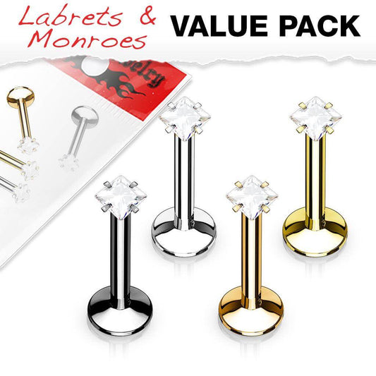 4 Pcs Value Pack Internally Threaded Square Prong Top Gem Labret Monroe Titanium IP Over 316L Surgical Steel - Take A Peek