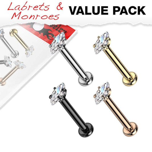 4 Pcs Value Pack Internally Threaded Marquise CZ Prong Set 316L Surgical Steel Labret, Flat Back Studs - Take A Peek