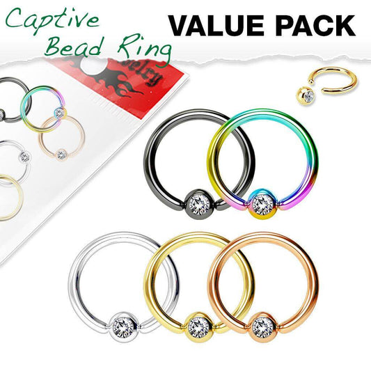 5 Pcs Jewel Set Ball Captive Rings Value Pack for Ear, Eyebrow, Nose, Septum and More - Take A Peek