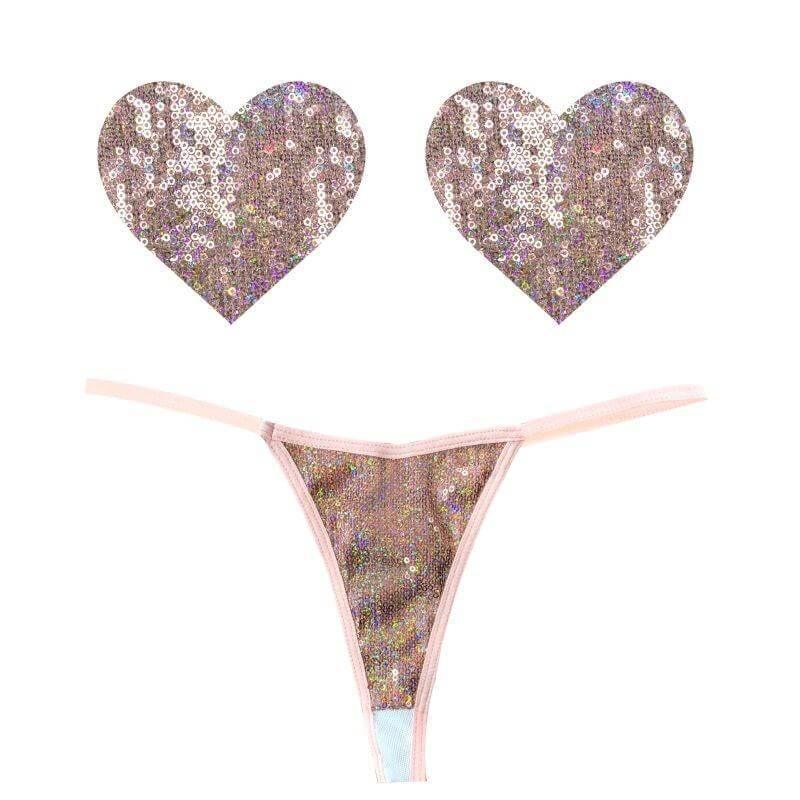 Bubbly Feels Nude Sequin Pantie & Heart Pastie Set - Take A Peek