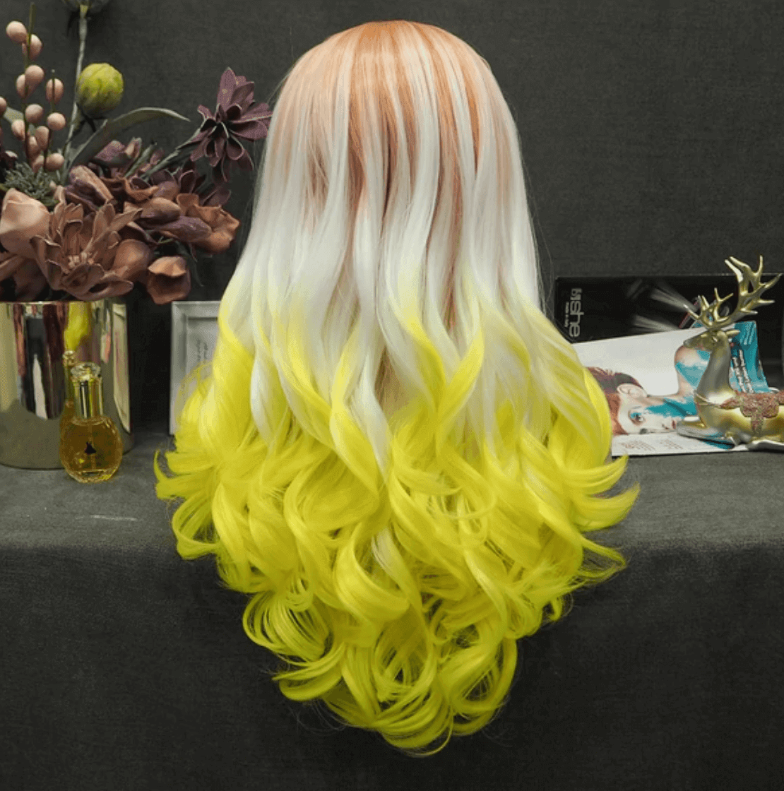 Coral, Platinum, Bright Yellow Ombre Wig - Take A Peek