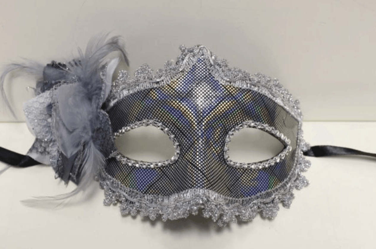 EYEMASK SILVER HOLOGRAPHIC WITH SILVER LACE & GREY BOW FEATHER - Take A Peek