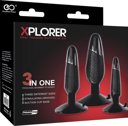 Xplorer Anal Training Butt Plug Kit (Ribbed) (Black) - Take A Peek
