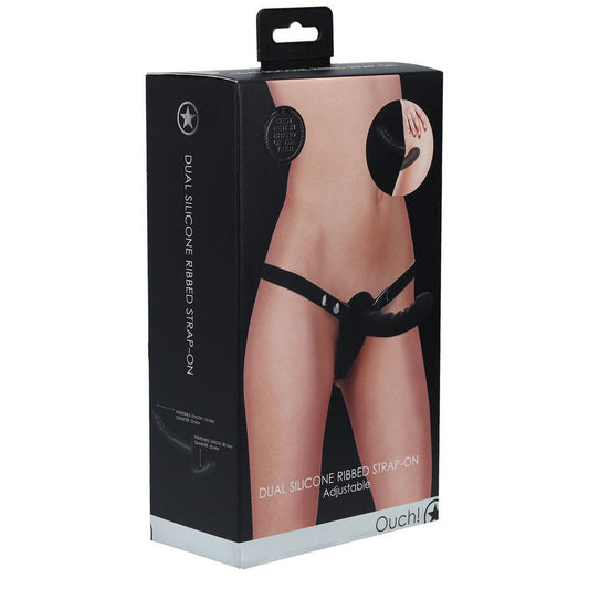 OUCH! Dual Silicone Ribbed Strap-On - Black - Take A Peek