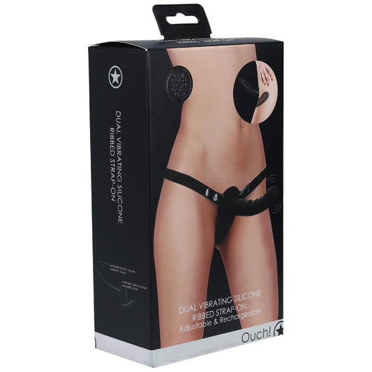 OUCH! Dual Vibrating Silicone Ribbed Strap-On - Black - Take A Peek