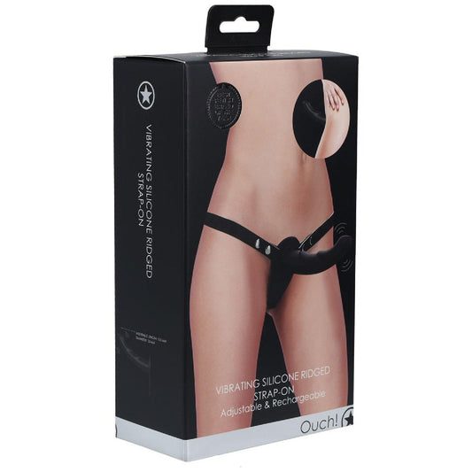 OUCH! Vibrating Silicone Ridged Strap-On - Black - Take A Peek