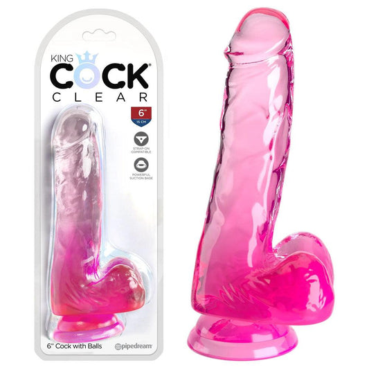 King Cock Clear 6'' Cock with Balls - Pink - Take A Peek