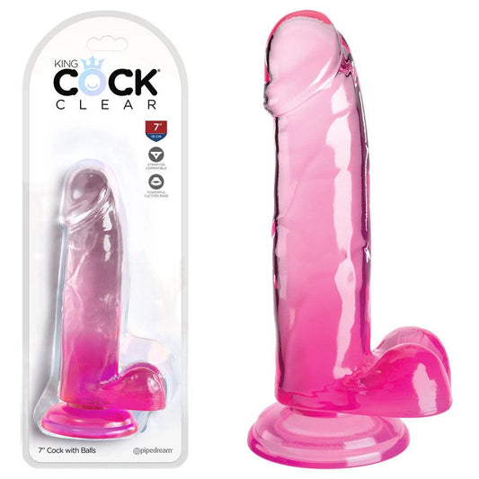 King Cock Clear 7'' Cock with Balls - Pink - Take A Peek