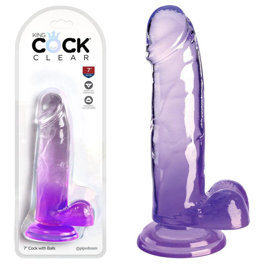 King Cock Clear 7'' Cock with Balls - Purple - Take A Peek