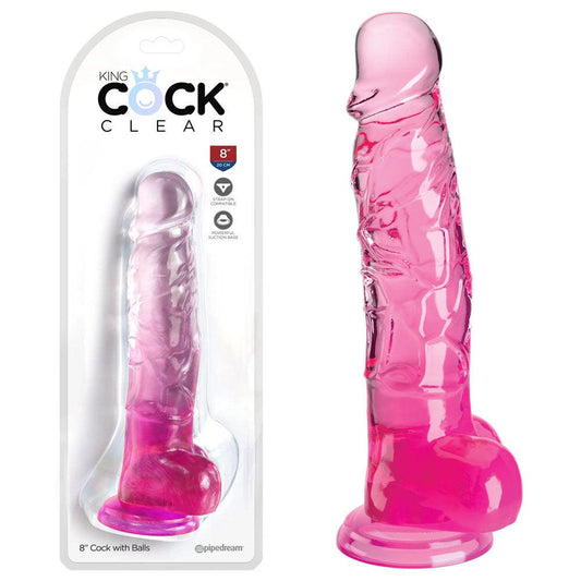 King Cock Clear 8'' Cock with Balls - Pink - Take A Peek