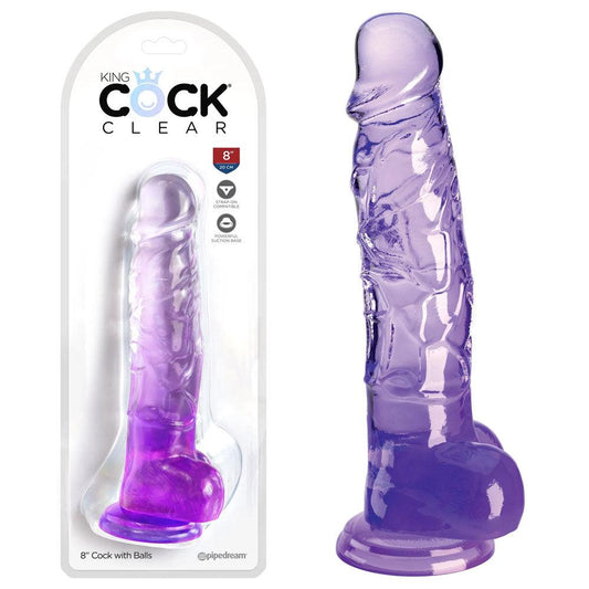 King Cock Clear 8'' Cock with Balls - Purple - Take A Peek