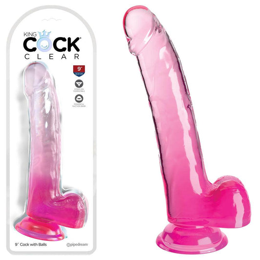 King Cock Clear 9'' Cock with Balls - Pink - Take A Peek