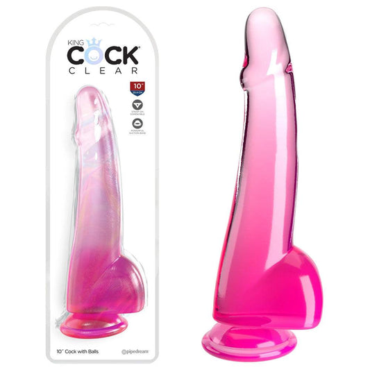 King Cock Clear 10'' Cock with Balls - Pink - Take A Peek