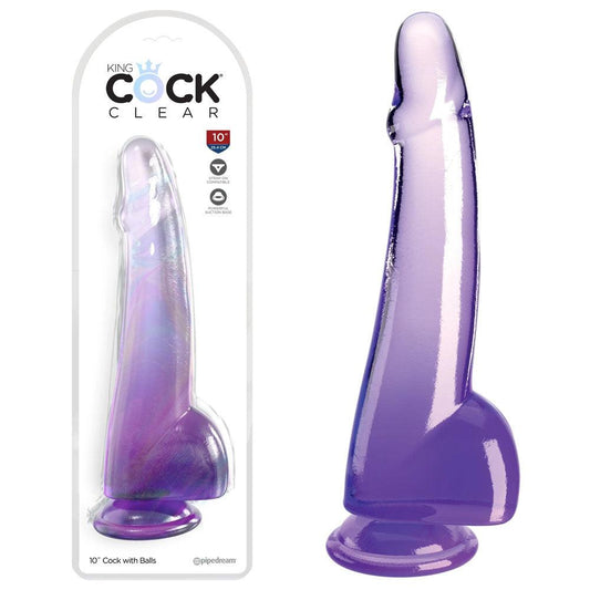 King Cock Clear 10'' Cock with Balls - Purple - Take A Peek