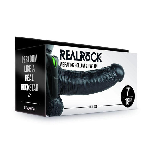 REALROCK Vibrating Hollow Strapon + Balls - 18cm Black - Take A Peek