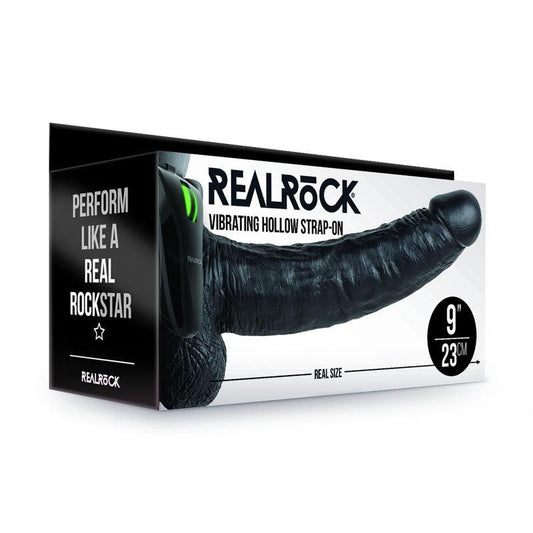 REALROCK Vibrating Hollow Strapon + Balls - 23cm Black - Take A Peek