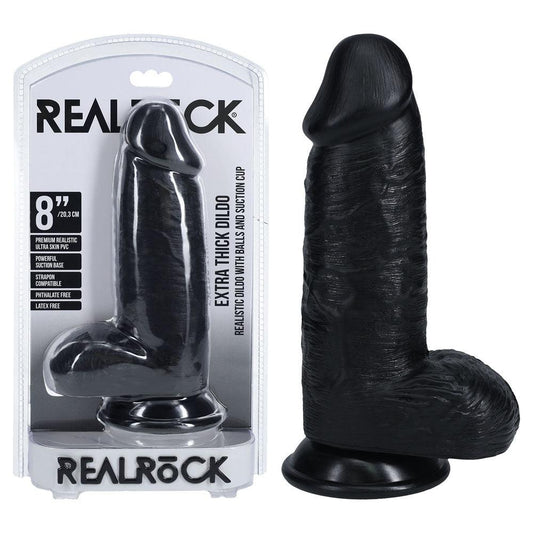 REALROCK 20cm Extra Thick Dildo with Balls - Black - Take A Peek